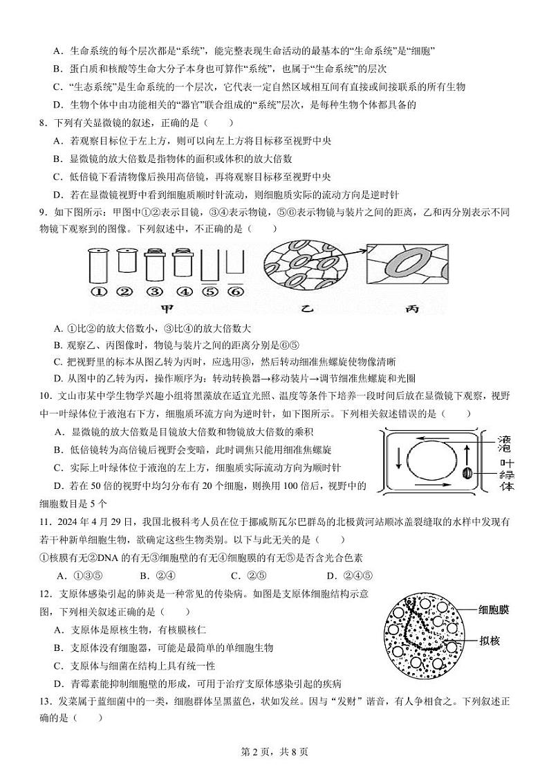 云南省文山壮族苗族自治州文山市第一中学2024-2025学年高一上学期9月月考生物试卷第2页