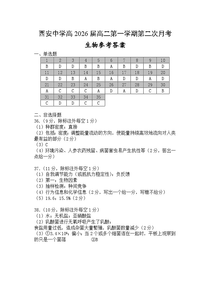 高2026届高二第二次月考-生物答案第1页