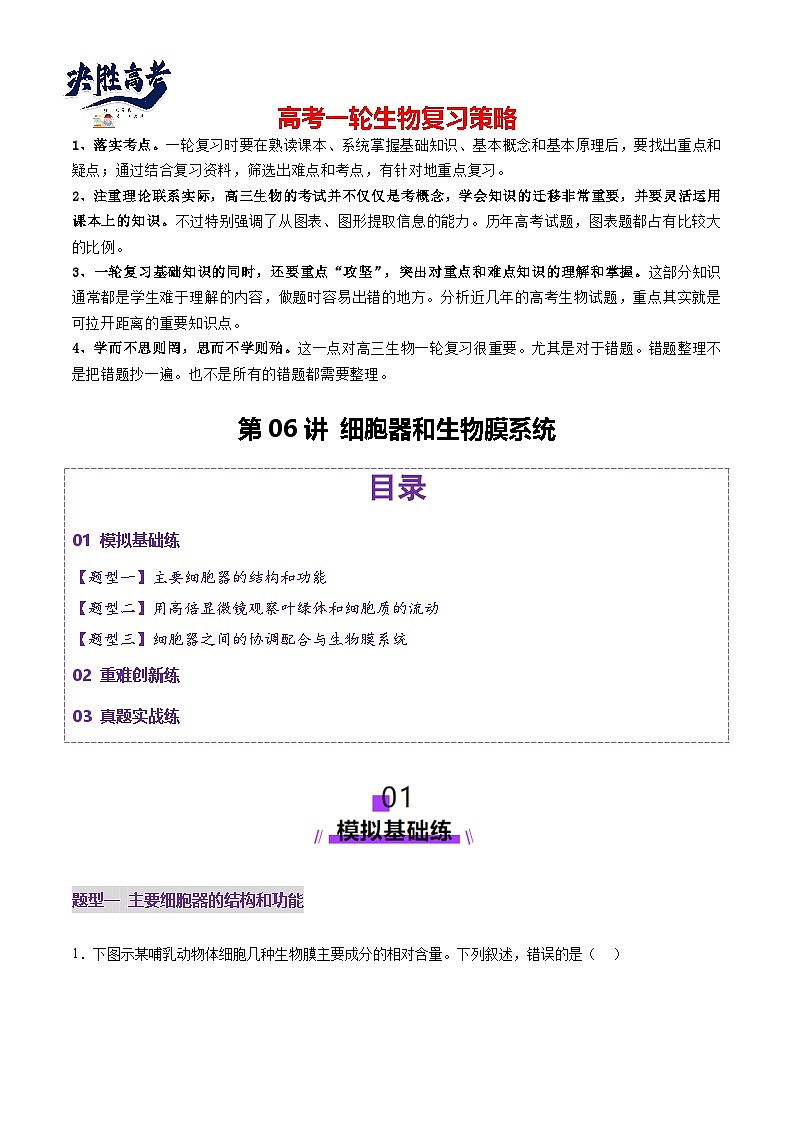 第06讲 细胞器和生物膜系统（练习）（解析版）第1页