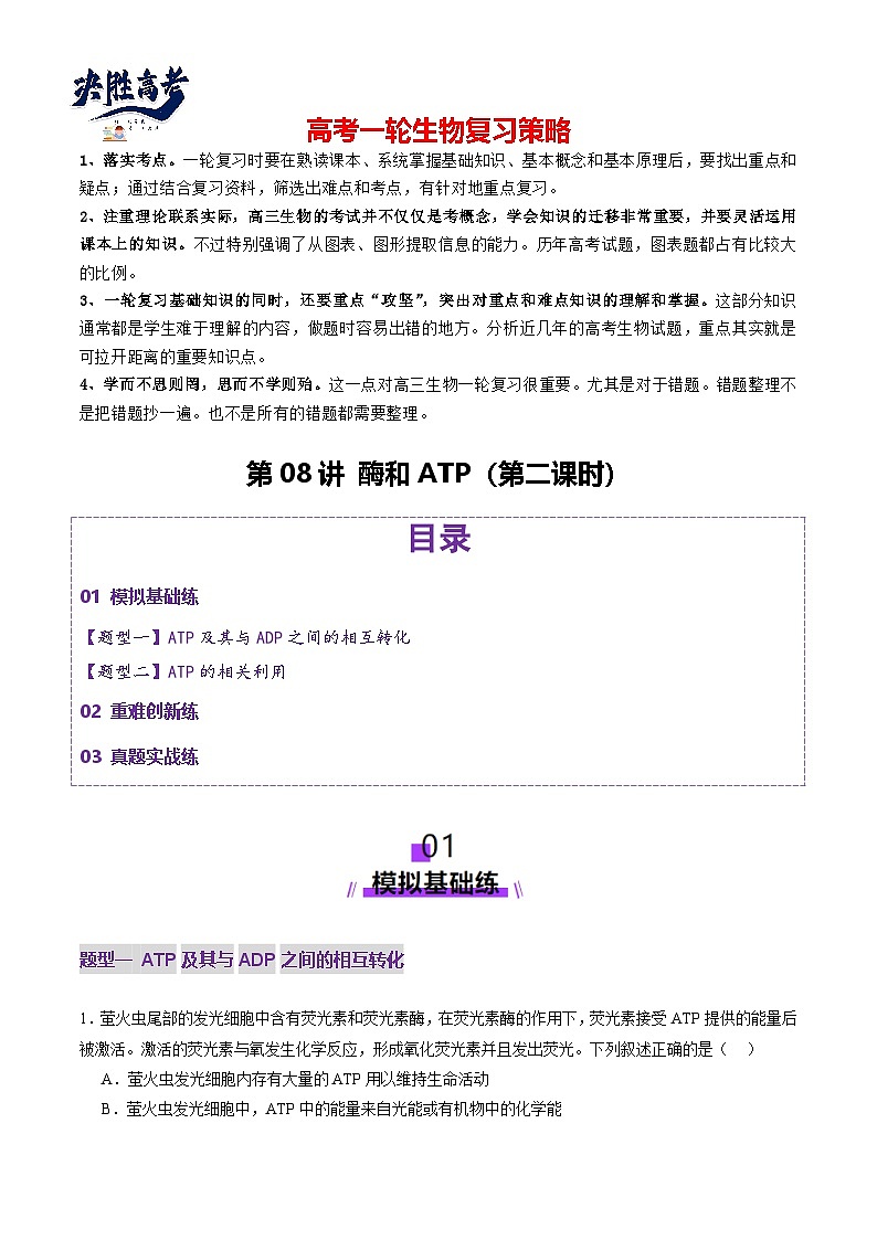 第08讲 酶和ATP（第二课时）（练习）（原卷版）第1页