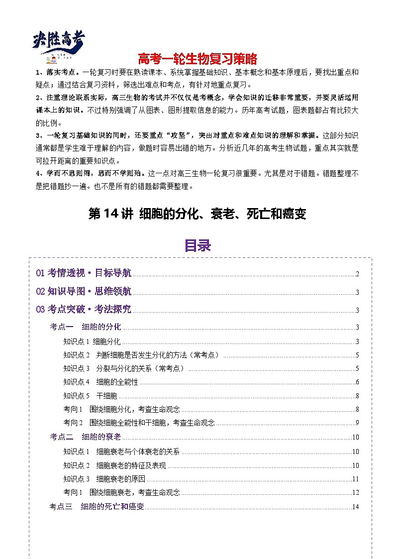 第14讲 细胞的分化、衰老、死亡和癌变（讲义）（解析版）第1页