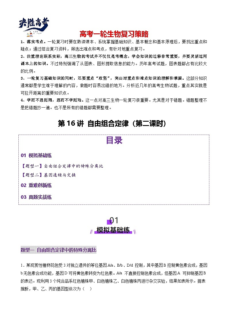 第16讲 自由组合定律（第二课时）（练习）（解析版）第1页