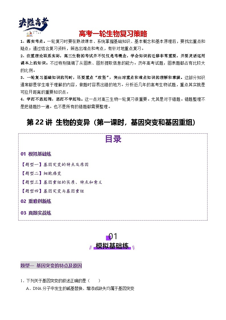 第22讲 生物的变异（第一课时，基因突变和基因重组）（练习）（解析版）第1页