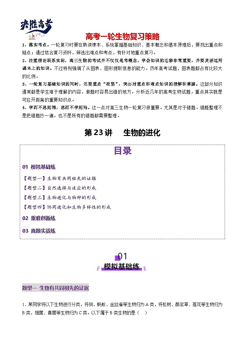 第23讲 生物的进化（练习）（解析版）第1页
