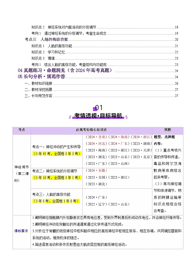 第25讲 神经调节（第二课时，神经冲动的产生和传导、神经系统的分级调节和人脑的高级功能）（讲义）（原卷版）第2页