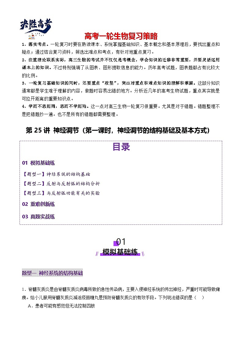 第25讲 神经调节（第一课时，神经调节的结构基础及基本方式）（练习）（解析版）第1页