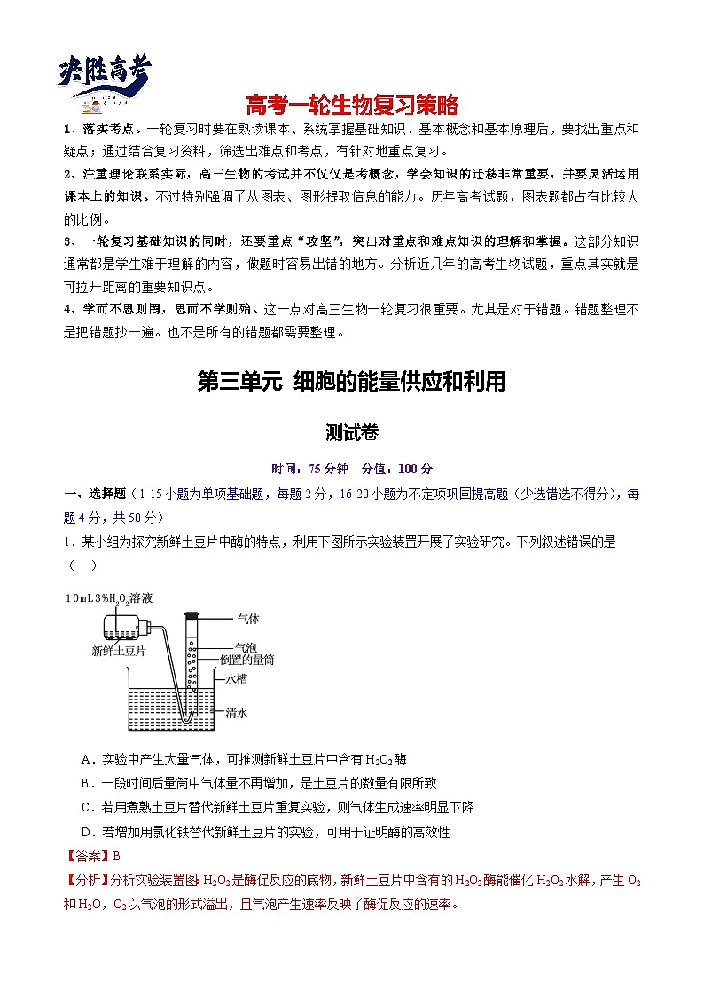 第三单元 细胞的能量供应和利用（测试）（解析版）第1页