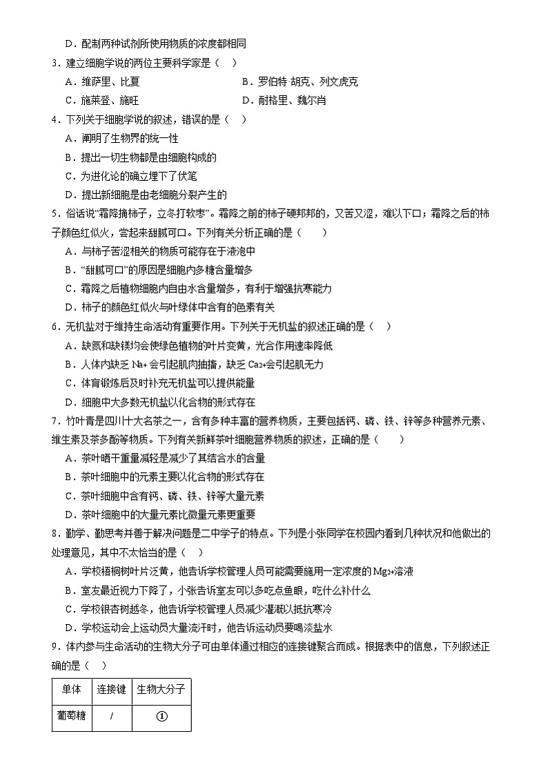 第一单元 细胞的概述及其组成分子（测试）（原卷版）第2页