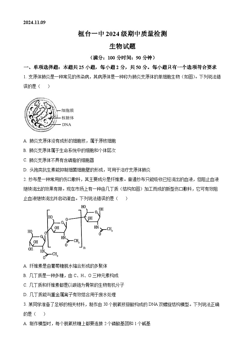 山东省淄博市桓台第一中学2024-2025高一上学期期中考试生物试卷（原卷版）-A4第1页