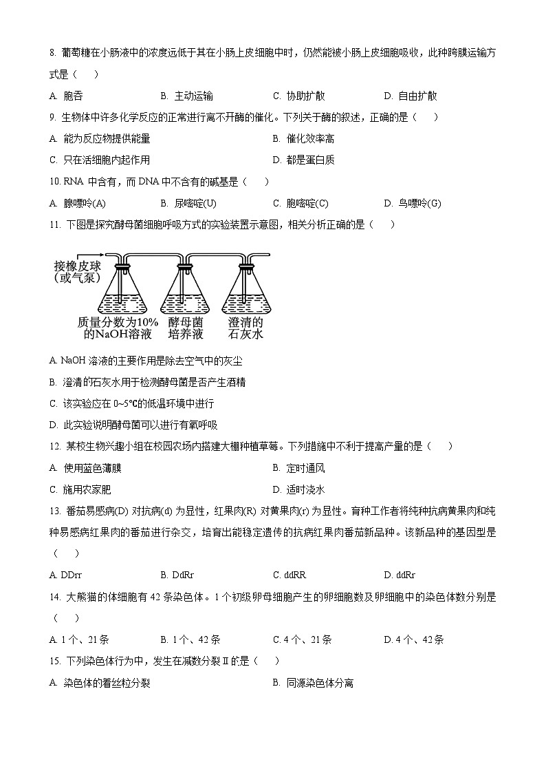 2024年安徽省普通高中学业水平合格性考试生物试卷  Word版无答案第2页