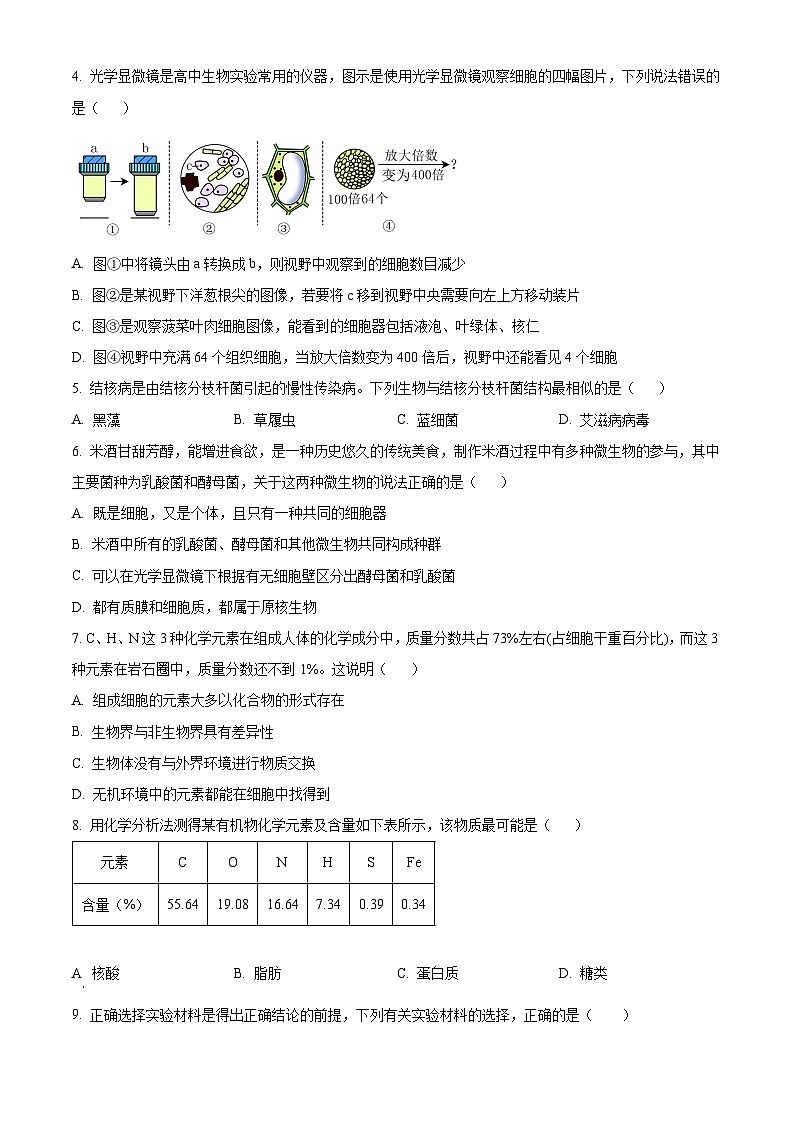 四川省遂宁市射洪中学2024-2025学年高一上学期12月期中生物试题 Word版无答案第2页