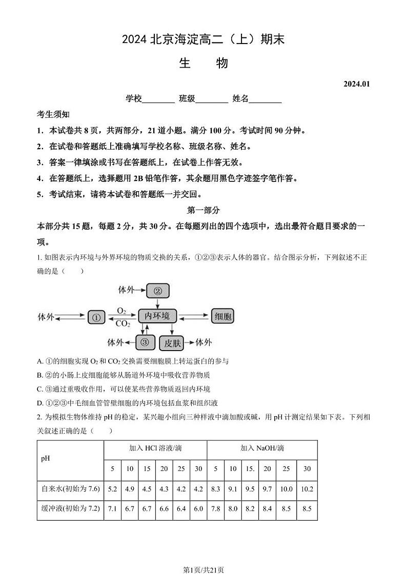 2024北京海淀高二（上）期末生物试卷（教师版）第1页
