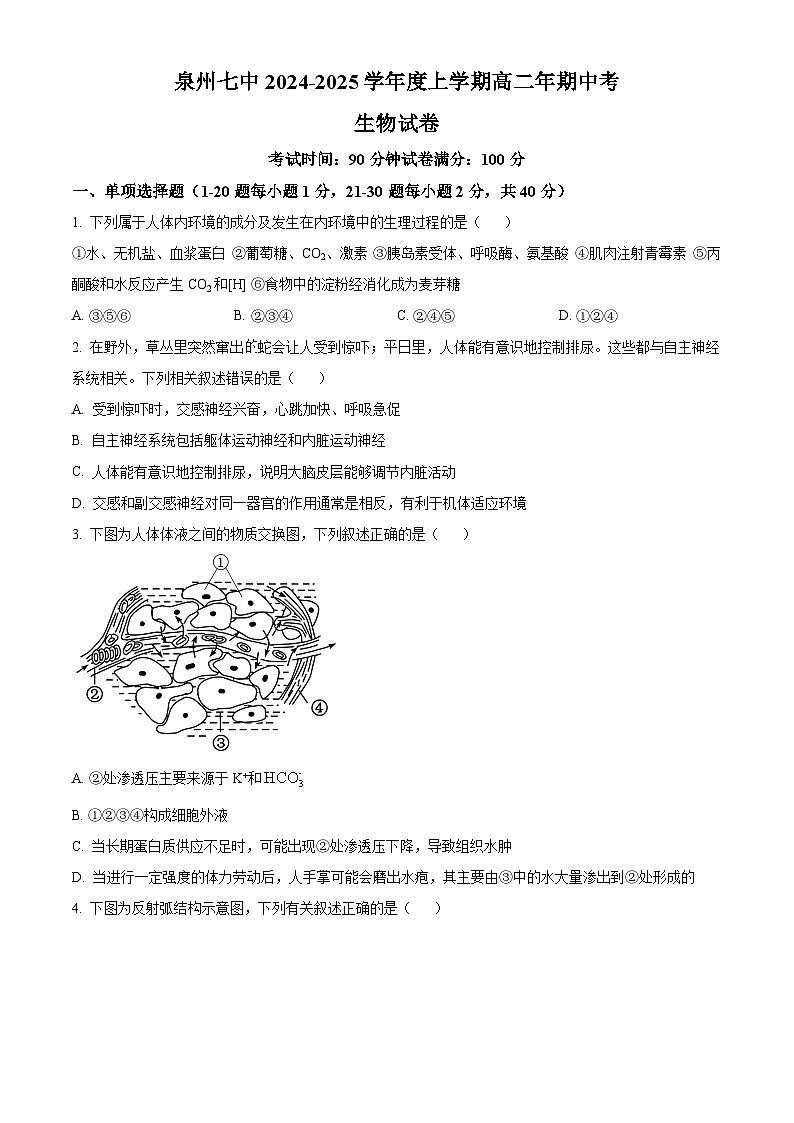 精品解析：福建省泉州市第七中学2024-2025学年高二上学期期中考试生物试题（原卷版）第1页