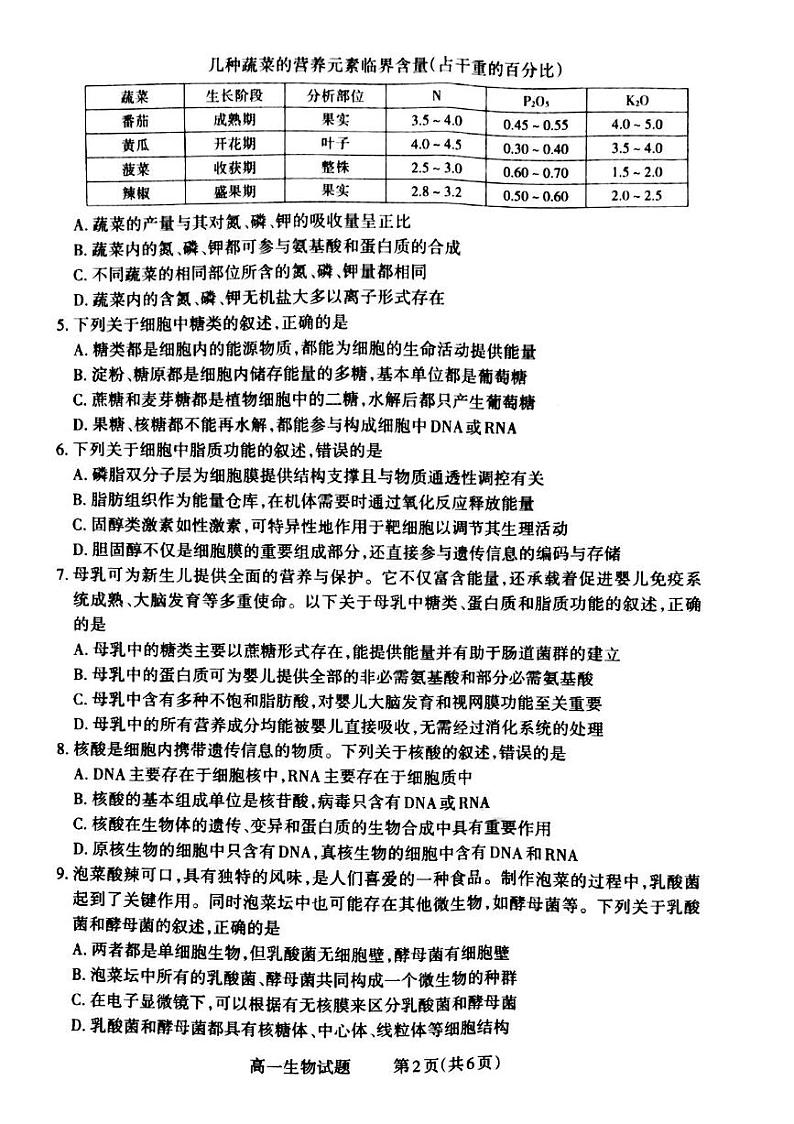 山西省晋城市2024-2025学年高一上学期12月选科调研考试生物试卷（PDF版附解析）第2页