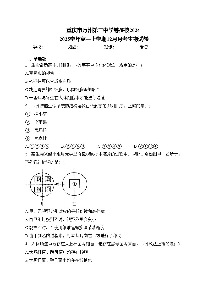 重庆市万州第三中学等多校2024-2025学年高一上学期12月月考生物试卷(含答案)第1页