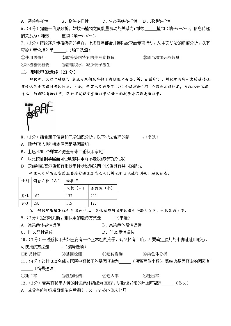 上海市奉贤区2024-2025学年高三上学期一模生物学试题（含答案）第2页