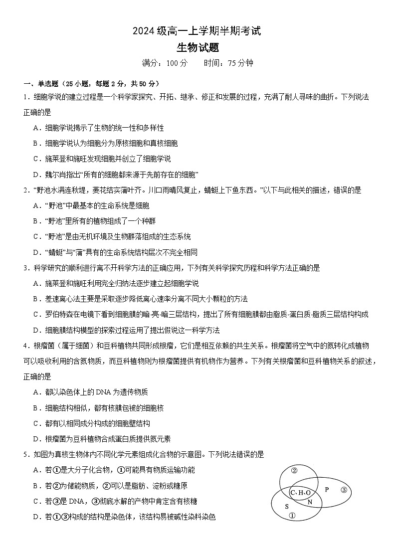 2024级高一上学期半期考试生物试题第1页