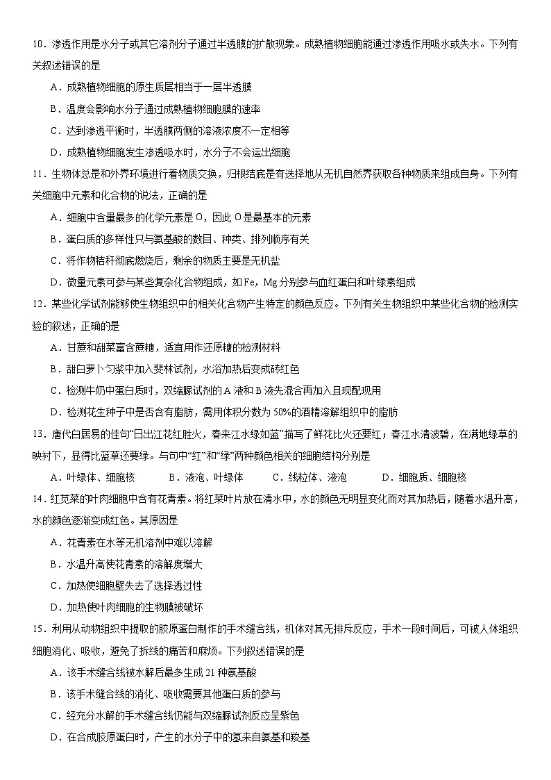 2024级高一上学期半期考试生物试题第3页