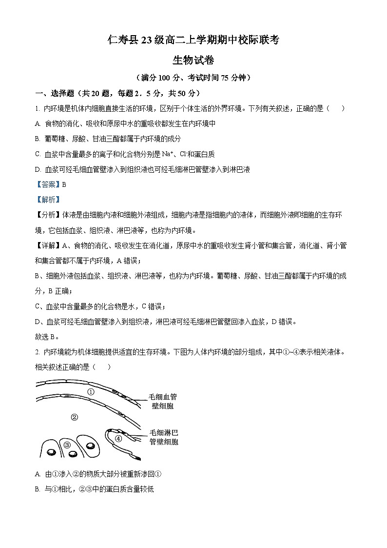 精品解析：四川省眉山市仁寿县2024-2025学年高二上学期11月期中校际联考生物试题（解析版）第1页