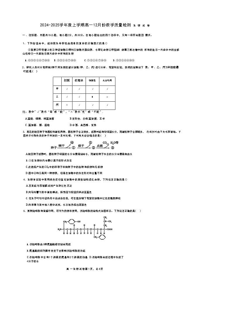 吉林省松原市前郭五中2024-2025学年高一上学期12月教学质量检测生物试卷-A4第1页