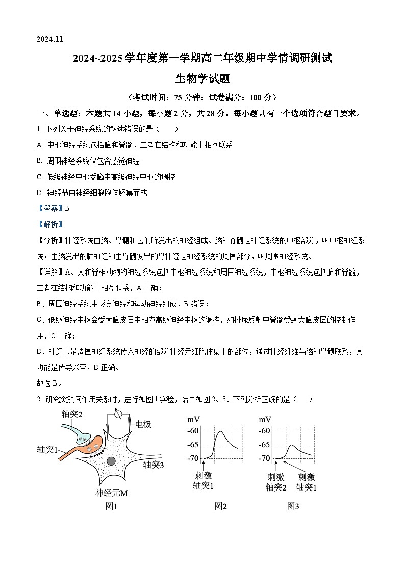 江苏省扬州市高邮市2024-2025学年高二上学期11月期中生物试题  Word版含解析第1页