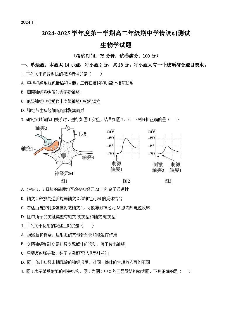江苏省扬州市高邮市2024-2025学年高二上学期11月期中生物试题  Word版无答案第1页