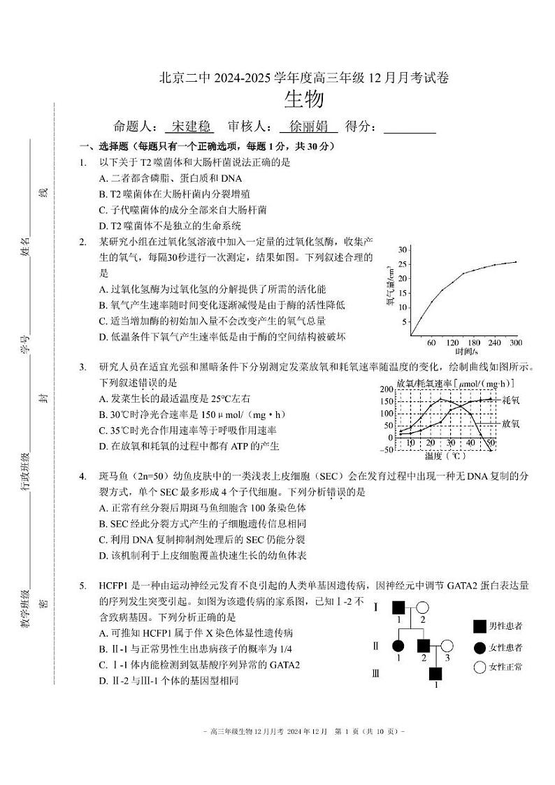 2024北京二中高三上12月月考生物试卷.第1页