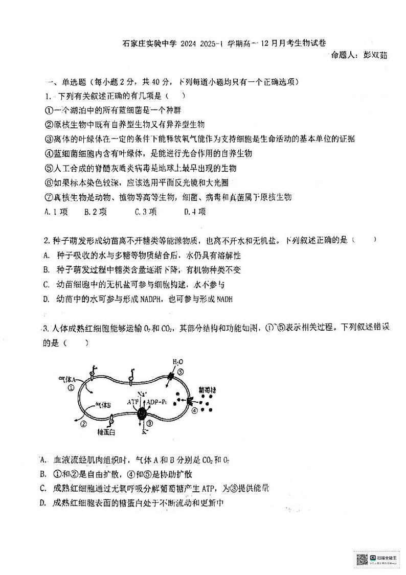 河北省石家庄实验中学2024-2025学年高一上学期12月月考生物试题第1页