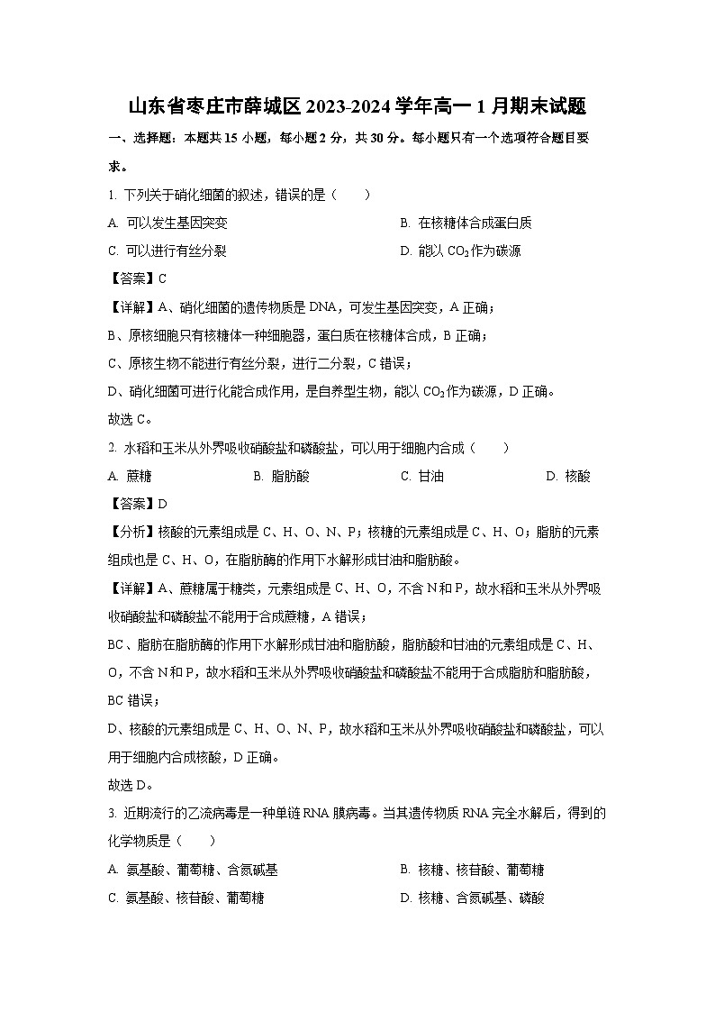山东省枣庄市薛城区2023-2024学年高一上1月期末生物试卷（解析版）第1页