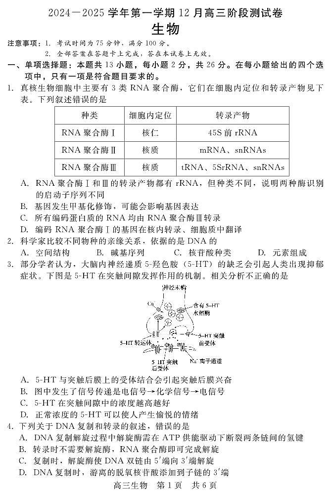 河北省新时代NT教育2025届高三上学期12月阶段测试-生物试卷+答案第1页