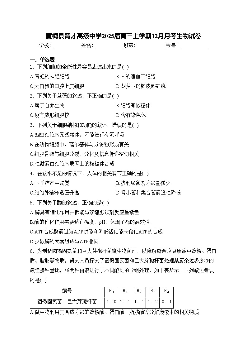 黄梅县育才高级中学2025届高三上学期12月月考生物试卷(含答案)第1页
