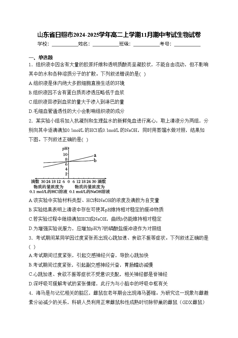 山东省日照市2024-2025学年高二上学期11月期中考试生物试卷(含答案)第1页