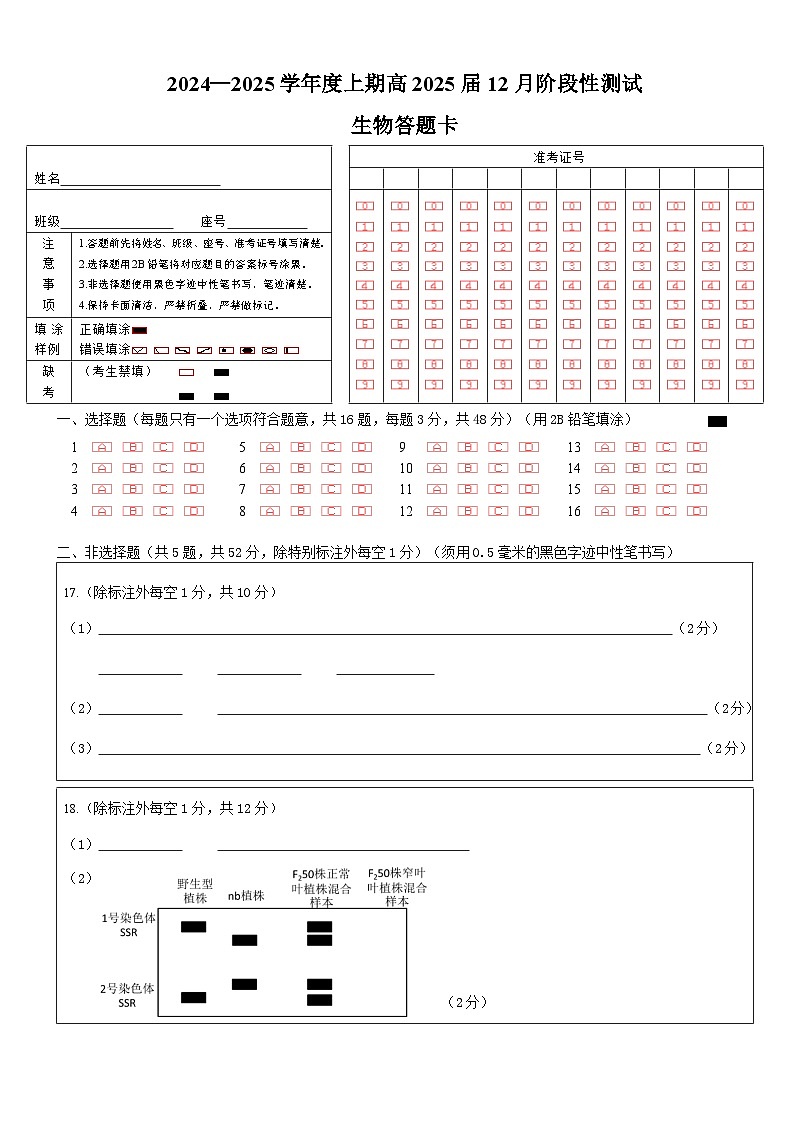 四川省成都市第七中学2024-2025学年高三上学期12月阶段性考试生物答题卡第1页