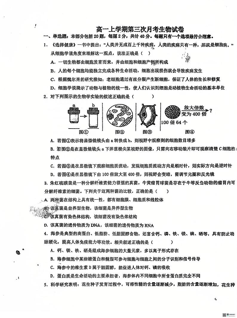 河北省沧州市泊头市第一中学2024-2025学年高一上学期12月月考生物试题第1页