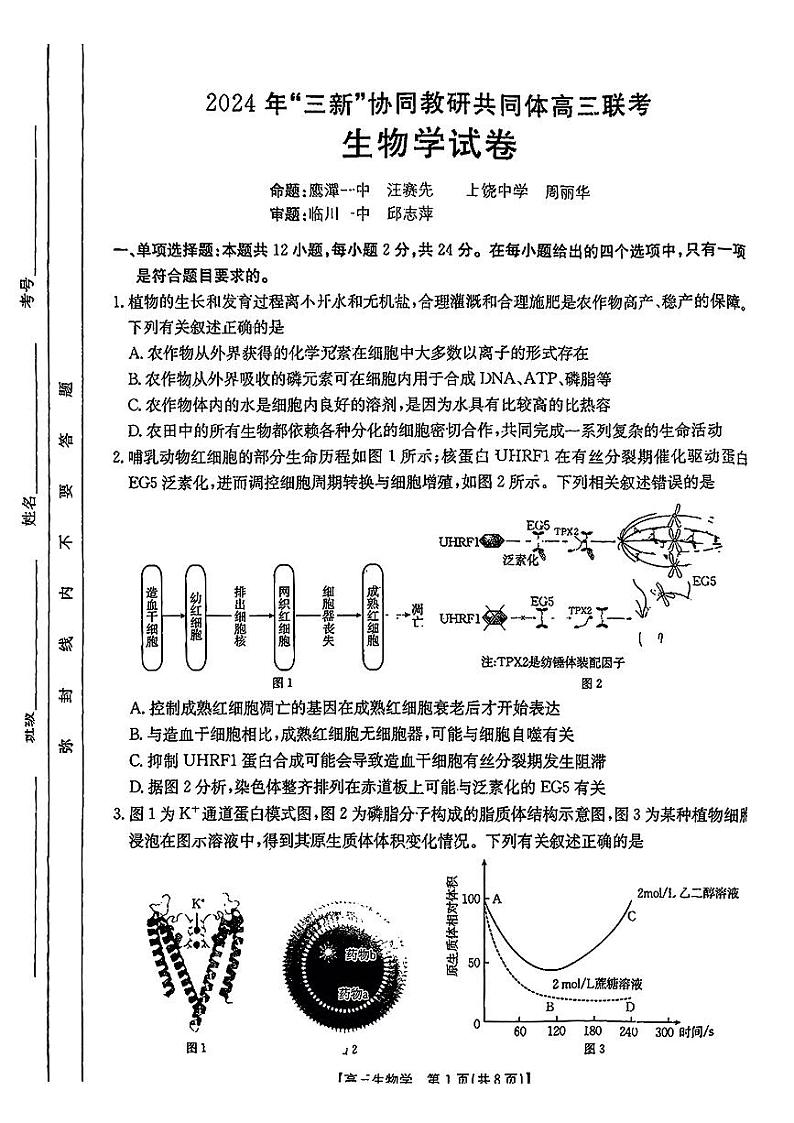 江西省“三新”协同教研共同体2025届高三上学期12月联考生物试卷（PDF版附解析）第1页