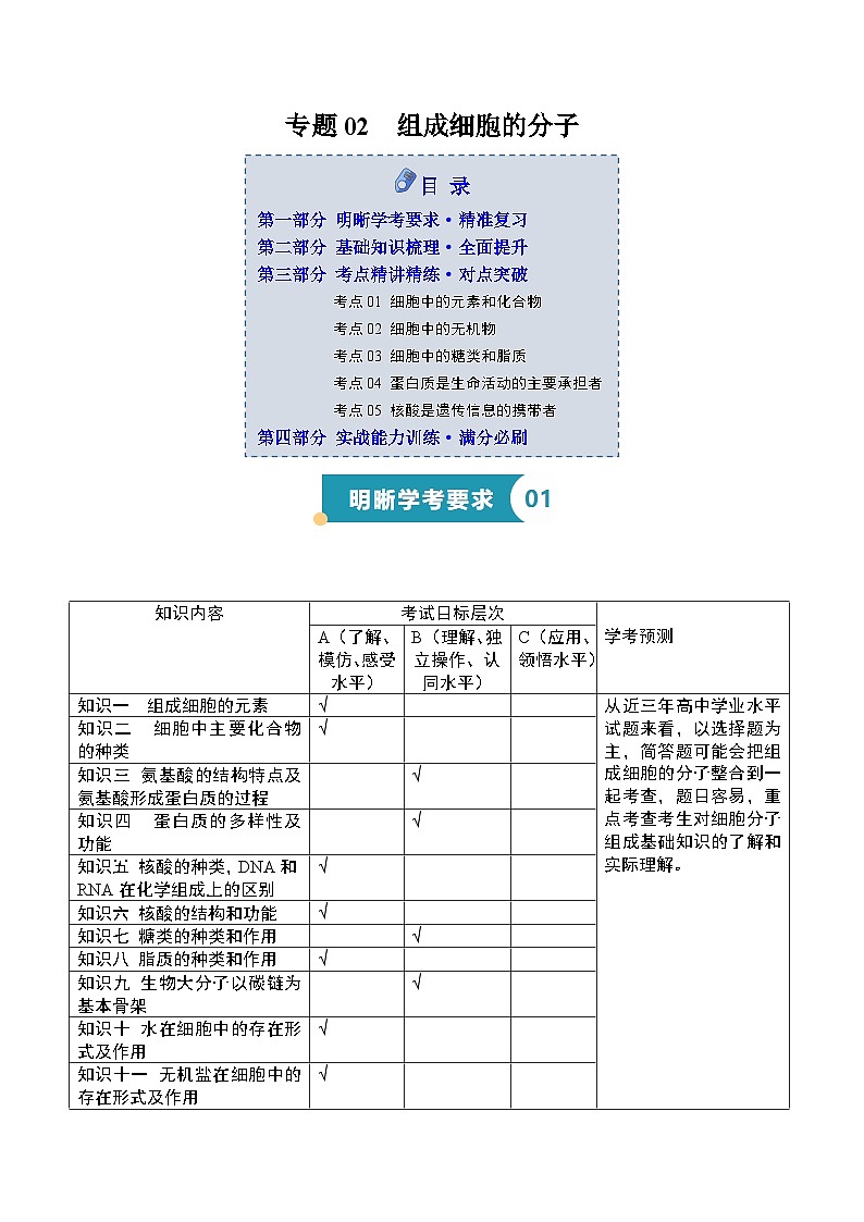 专题02 组成细胞的分子（知识梳理+5大考点精讲精练+实战训练）（解析版）第1页