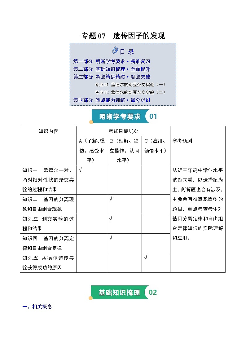 专题07 遗传因子的发现（知识梳理+2大考点精讲精练+实战训练）（解析版）第1页