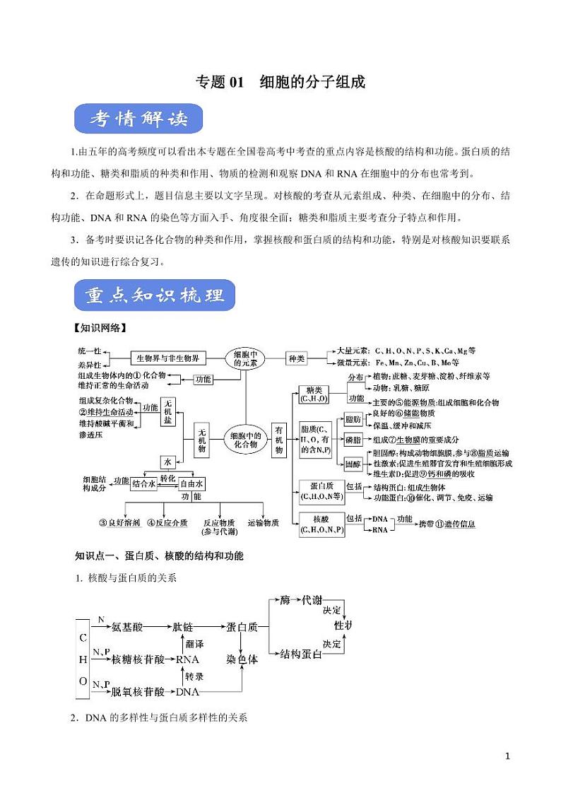 《高中知识清单》生物（专题）-专题01 细胞的分子组成（讲）（原卷+解析版）第1页