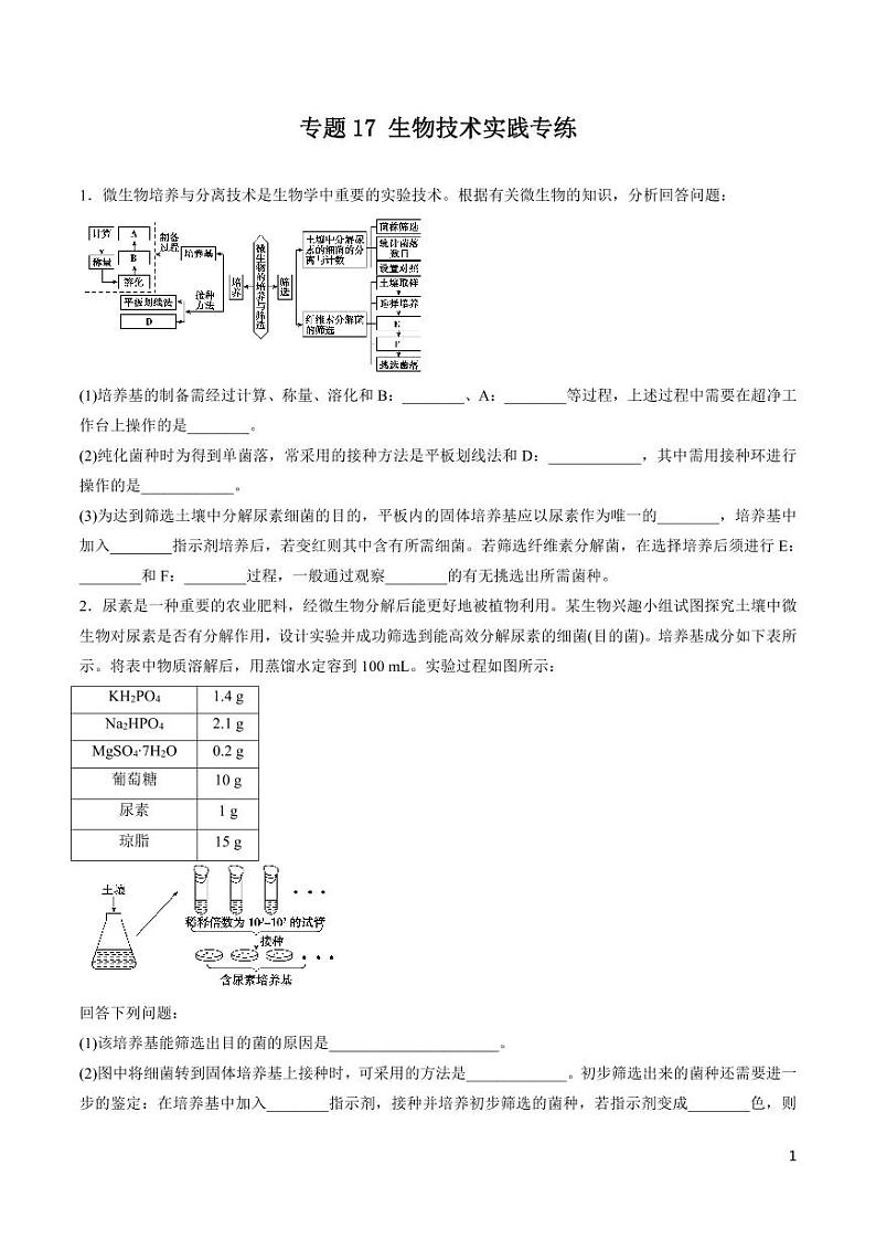 《高中知识清单》生物（专题）-专题17 生物技术实践（原卷+解析版）第1页