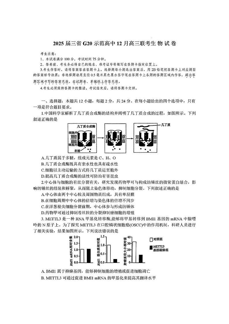 江西省河南省新疆三省2025届G20示范高中高三上学期12月联考-生物试卷+答案第1页