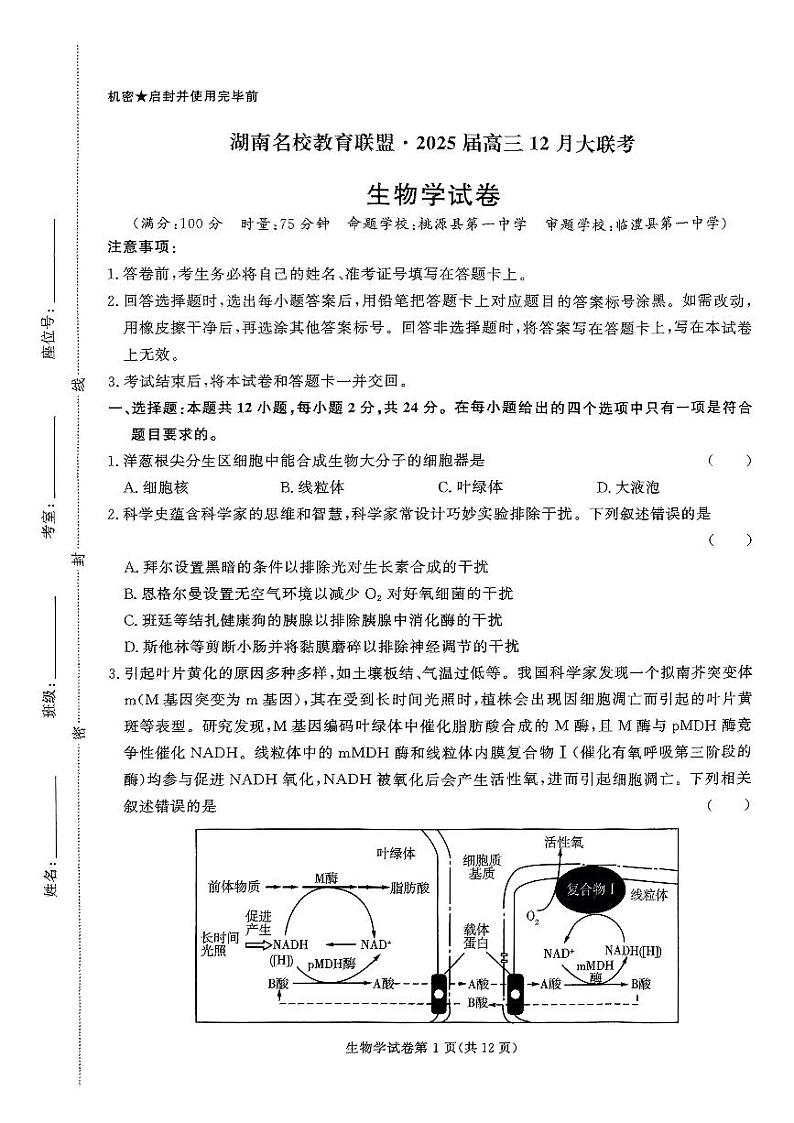 湖南省名校教育联盟2024-2025学年高三上学期12月大联考生物试题第1页