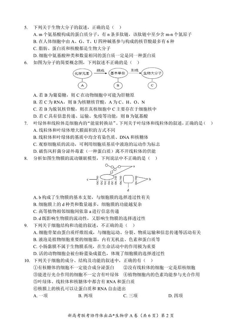 高一联考试卷A第2页