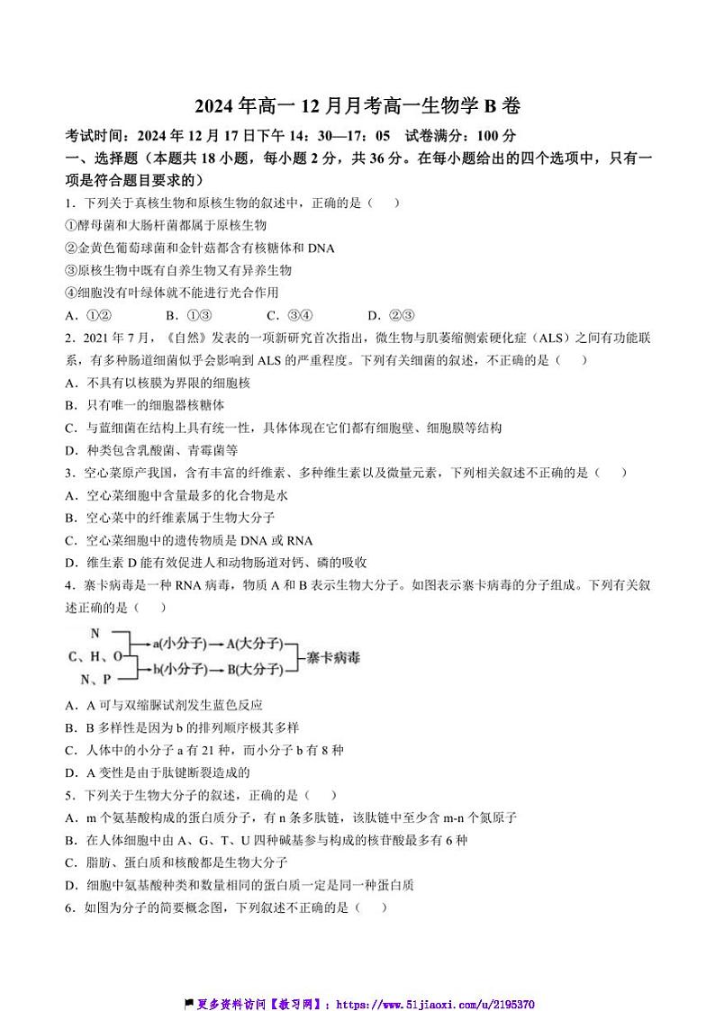 2024～2025学年湖北省新高考联考(月考)协作体高一(上)12月月考生物(B卷)试卷(含答案)第1页