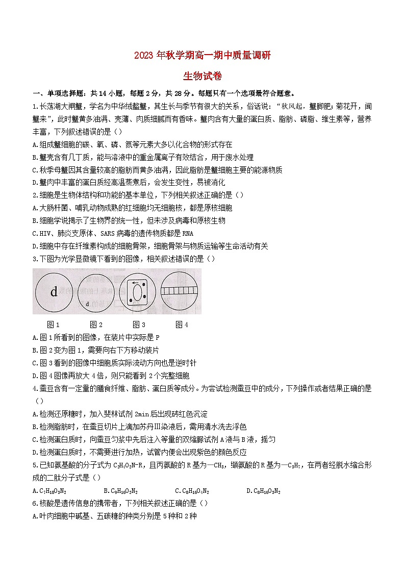 江苏省常州市金坛区2023_2024学年高一生物上学期期中试题无答案第1页