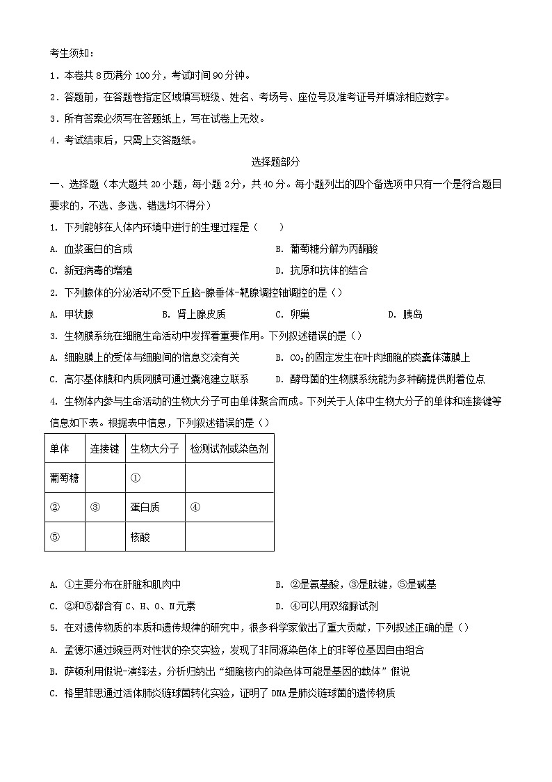 浙江省温州市2023_2024学年高二生物上学期期中联考试题含解析第1页