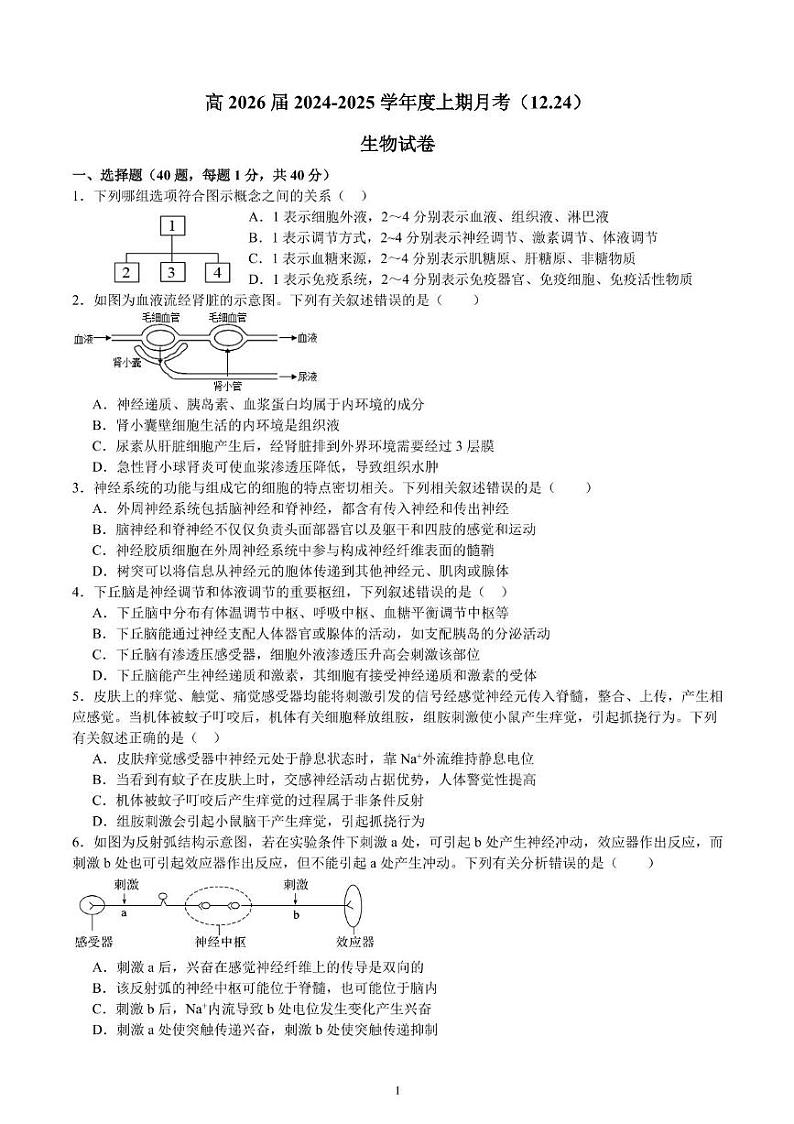四川省成都市武侯区成都市第七中学2024-2025学年高二上学期12月月考生物试题第1页