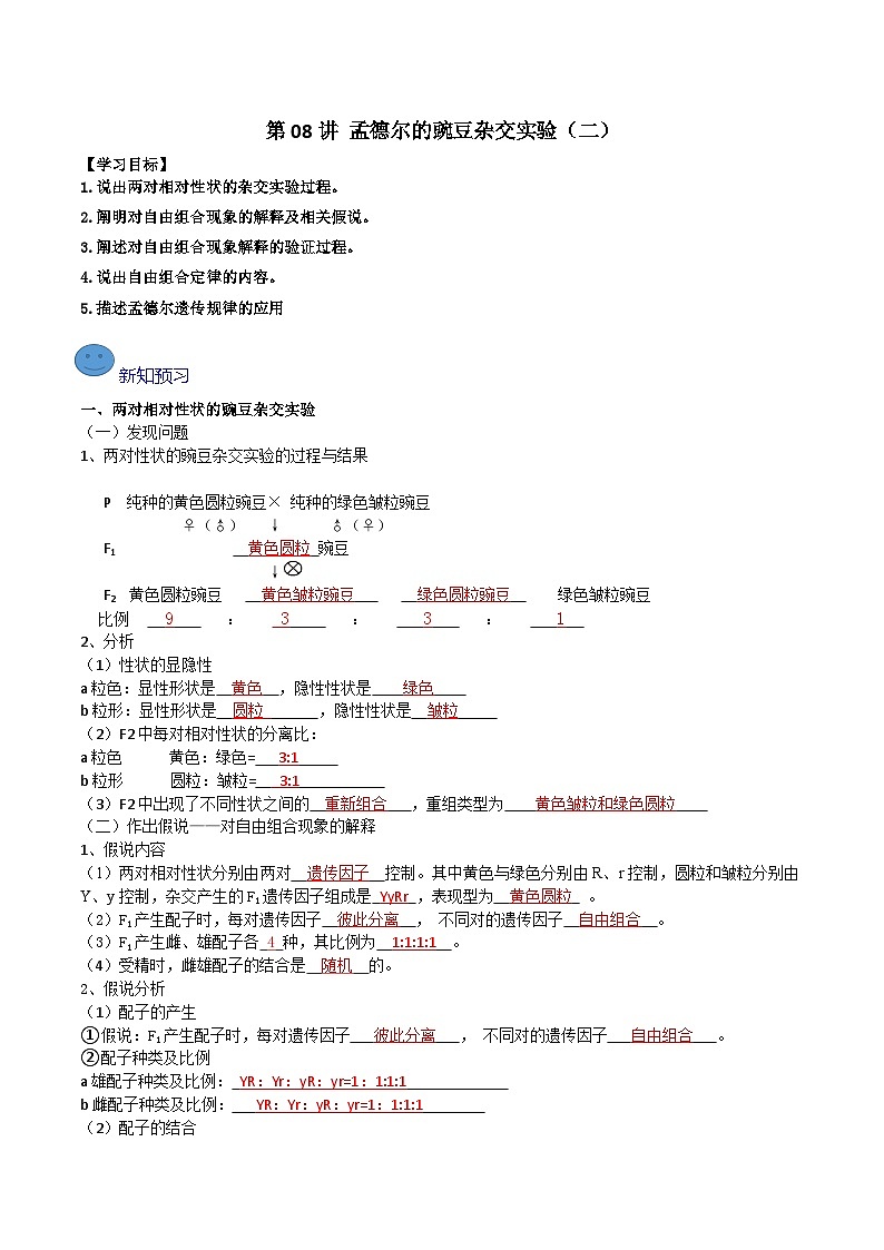 【寒假衔接讲义】人教版 高中生物 高一寒假 第08讲 孟德尔的豌豆杂交实验（二）（教师版）第1页