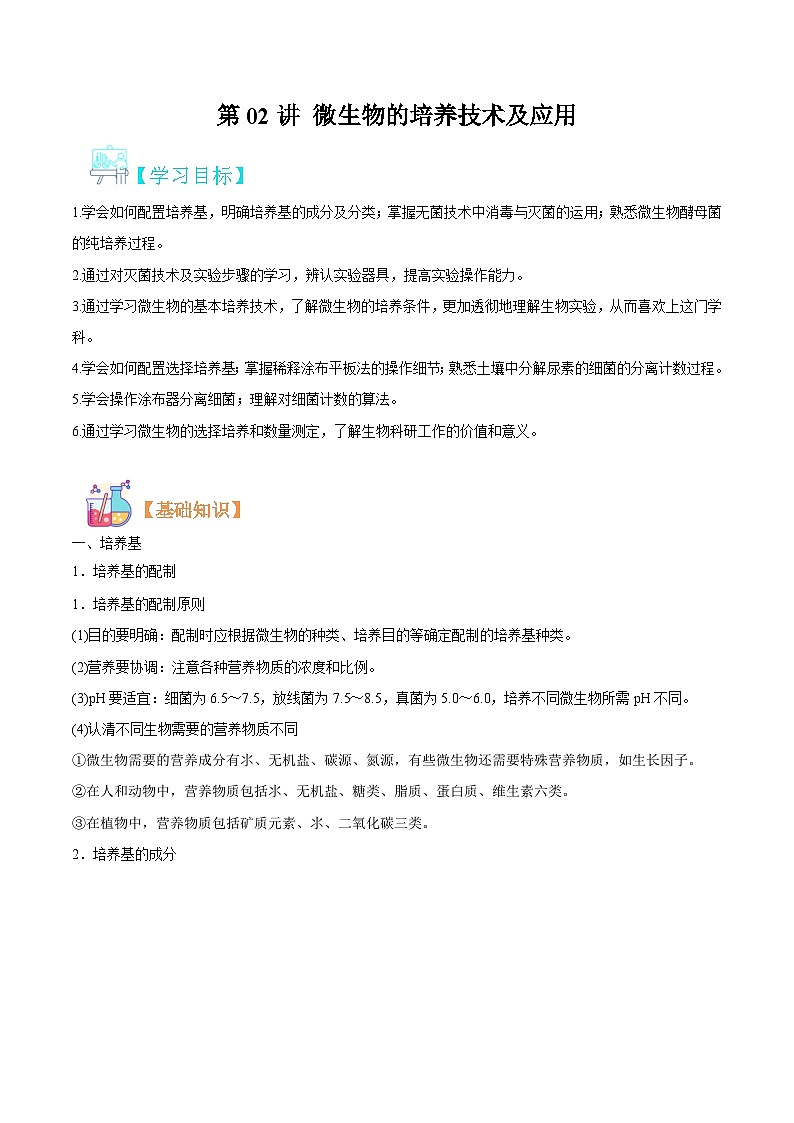 【寒假衔接讲义】人教版（选择性必修3）高中生物 高二寒假 第02讲 微生物的培养技术及应用（学生版）第1页