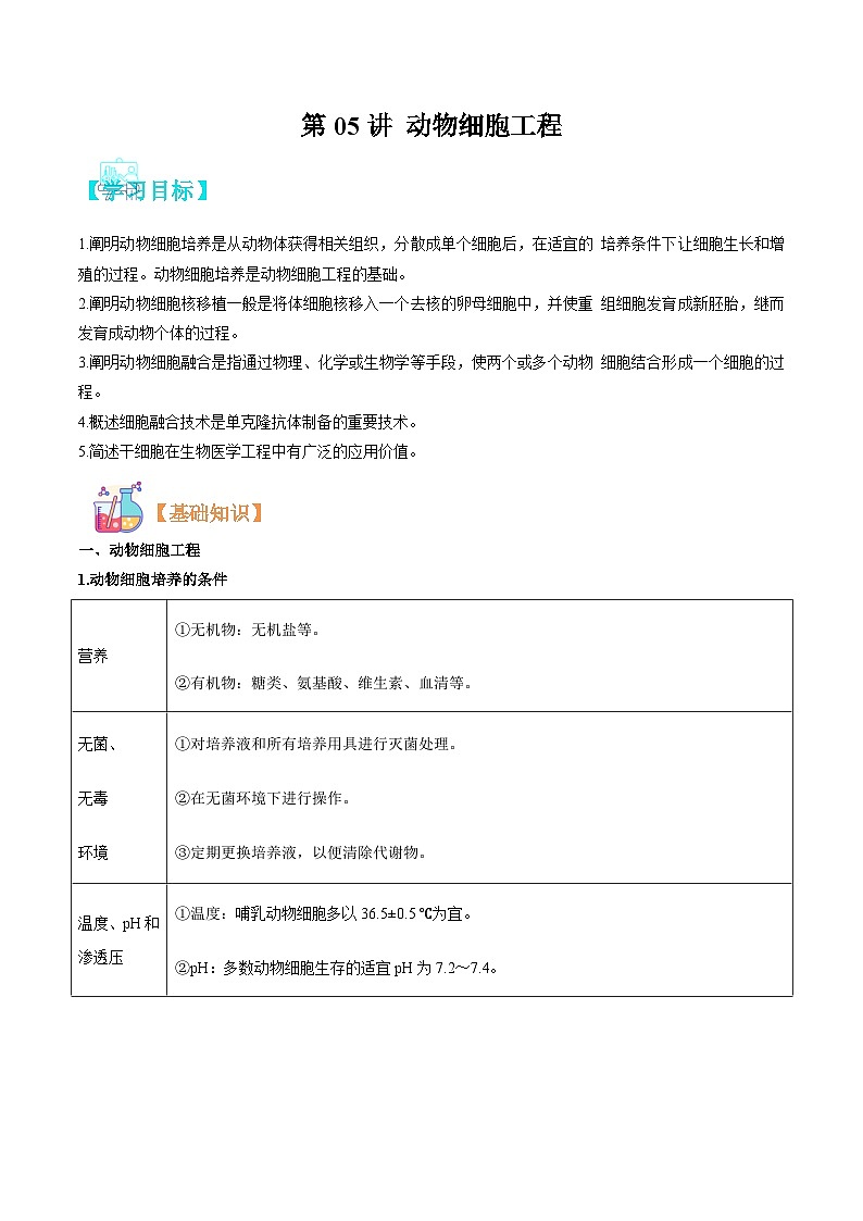 【寒假衔接讲义】人教版（选择性必修3）高中生物 高二寒假 第05讲 动物细胞工程（教师版）第1页