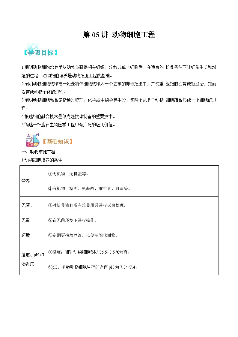 【寒假衔接讲义】人教版（选择性必修3）高中生物 高二寒假 第05讲 动物细胞工程（学生版）第1页